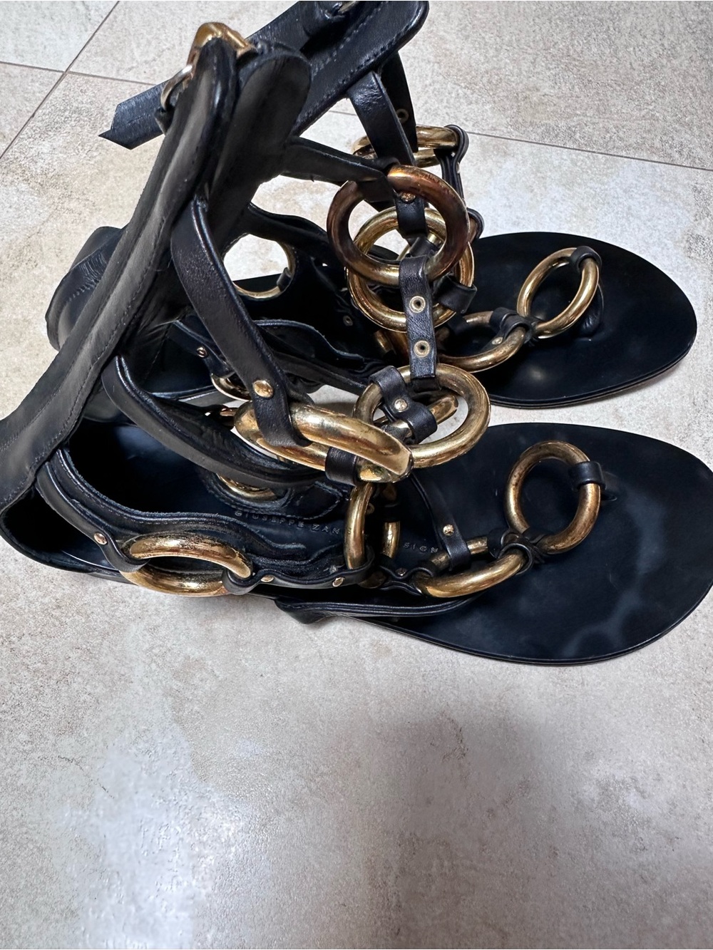Giuseppe Zanotti Black Gladiator Sandals with Gold Ring Hardware